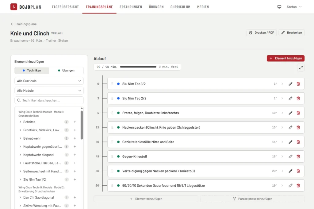Screenshot aus DojoPlan in Stefans Kampfkunstschule